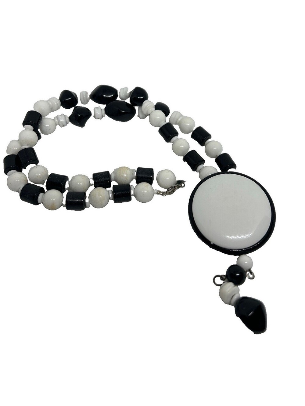 Vintage Black White Acrylic Lucite Style Beaded Statement Necklace Large Pendant
